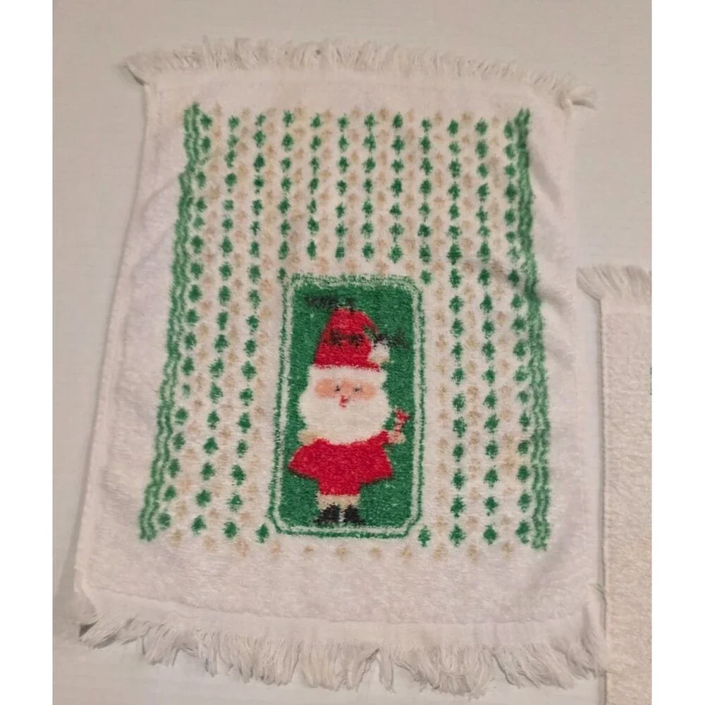 Vintage Santa Claus Christmas Hand Tea Dish Towels Set of 3 White *FLAWS